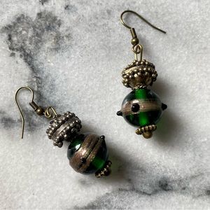 Handmade Lampwork Glass Bead Earrings Emerald Green Bronze Color Appliqué Dangle